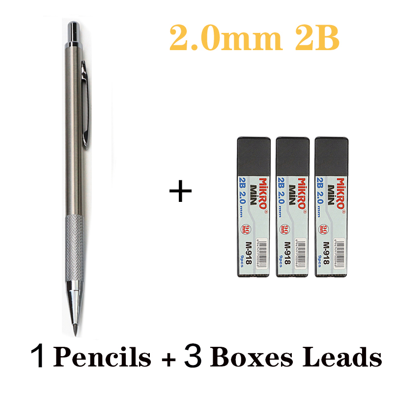 Metal Mechanical Pencil With Constant Core 0.5 0.7 0.9 1.3 2.0 Mm For Primary School Students business people: 2.0mm 1 pen 3 Leads