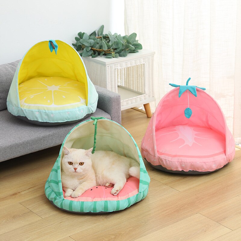 Cama fresca para gatos y perros, cama nido para perrera, cueva de fruta bonita, saco de dormir para casa, tienda plegable para mascotas, camas cómodas para gatitos de verano