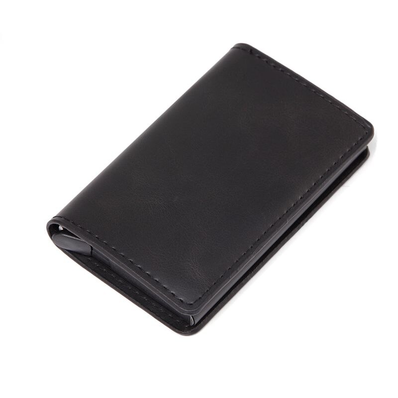 Mænd automatisk kreditkortholder kulfiber læder tegnebog aluminium mini tegnebog med baglomme id-kort rfid blokerende pung: Lys sort