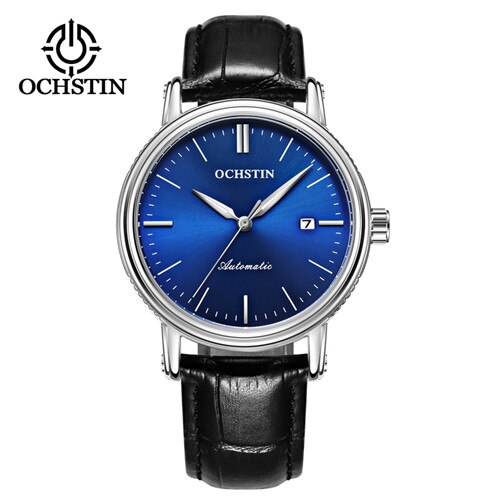 Ochstin Horloge Luxe Top Brand Lederen Mens Mechanische Hollow Skeleton Automatische Mannelijke Klok Lichtgevende Datum Sport Horloge: Silver Blue