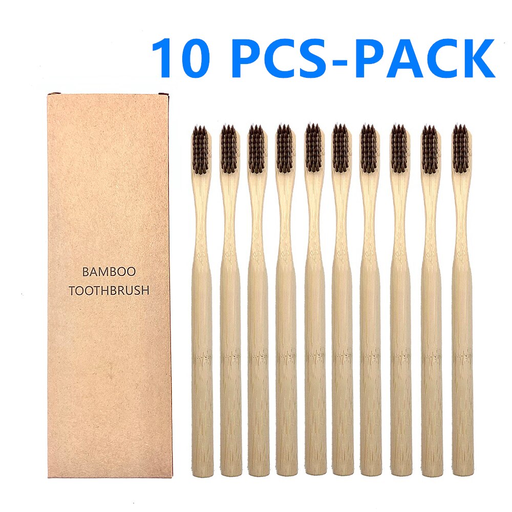 10Pcs Natural Toothbrush Eco-Friendly Rainbow Bamboo Medium Bristle Biodegradable Teeth Brush Solid Bamboo Handle Toothbrush: 10 PCS Brown Color