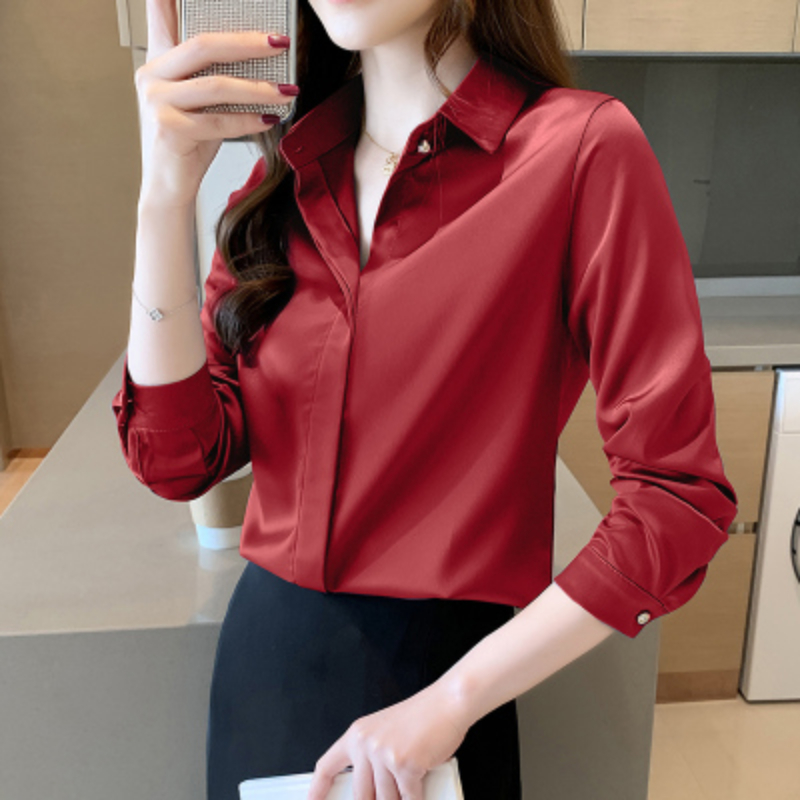 Camicie da donna in raso camicetta elegante per donna camicia a maniche lunghe camicia rossa in seta OL camicette da donna superiore da donna 2024 abbigliamento femminile: XXL / Rosso