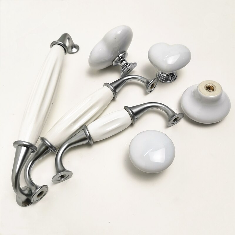 Silver White Ceramic Cabinet Handles Zinc Alloy Drawer knobs Wardrobe Door Handle Simple European Pulls Furniture Hardware