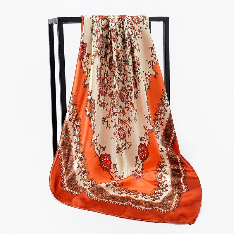 Kvinder silke satin hijab tørklæde blomsterprint lommetørklæde hår tørklæder kvindelige 90*90cm firkantede sjaler og tørklæder til dame vinter: Orange