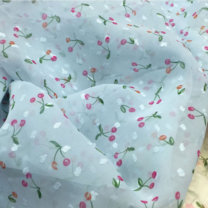 Landlig stil blødt behageligt applikation chiffonstof til beklædningsgenstand kjole kirsebærfrugt georgette stof gør-det-selv materiale 3 yards: Blå / 1 gård