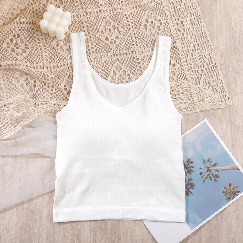 Kvinder crop top pige solid enkel camisole v-hals stribet tube top bred skulderrem polstret undertøj kvinde: Hvid top