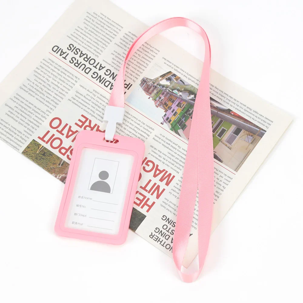 Soporte de tarjeta de identificación de Color de trabajo Unisex, cordón, funda de identificación, doble transparente, exposición de negocios, correa para colgar en el cuello: Rosa