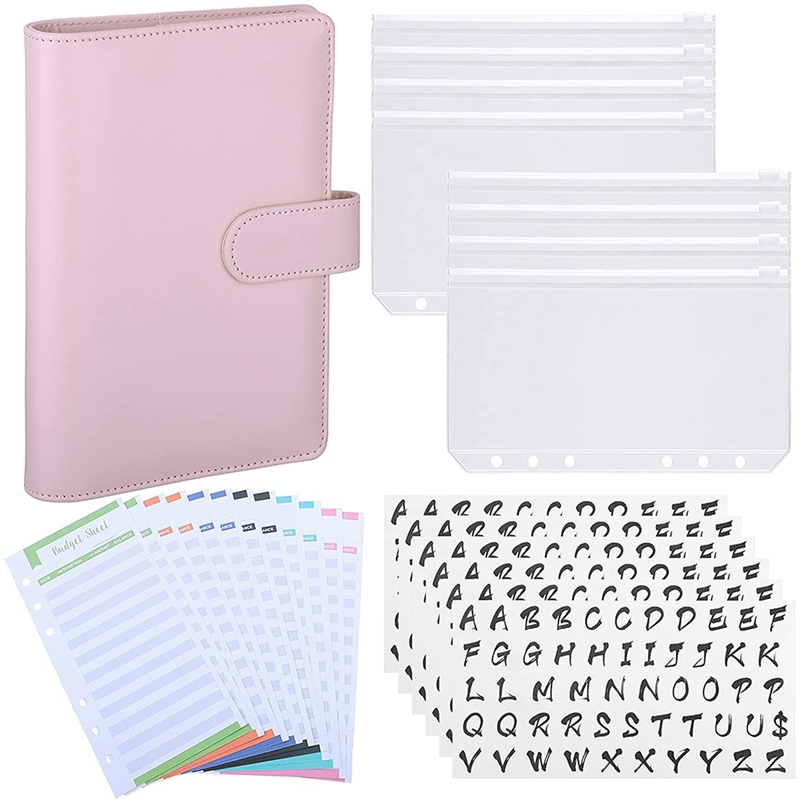 A6 PU Binder Case,With A6 Binder Pockets 12 Expense Budget Sheets Sticker Labels For 26 Categories Ring Budget Binder: Pink