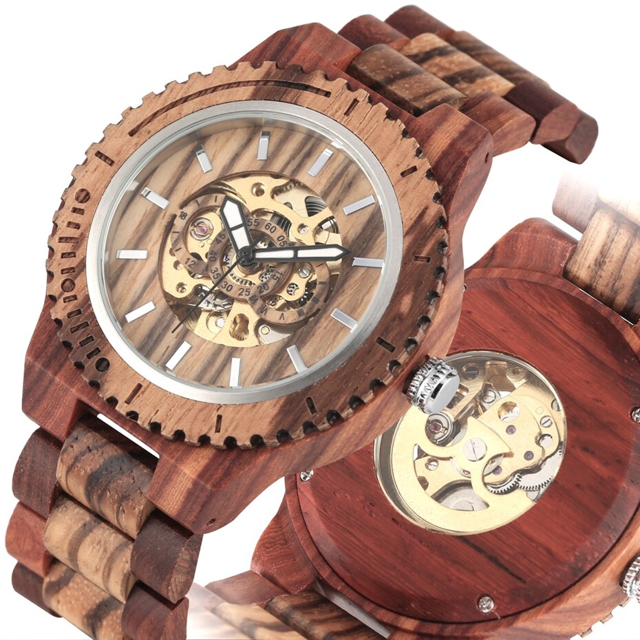 Holz Uhr Männer Automatische Mechanische Uhren Jahrgang voll Holz Band Herren Uhren oben Luxus Uhren reloj hombre: rot Holz