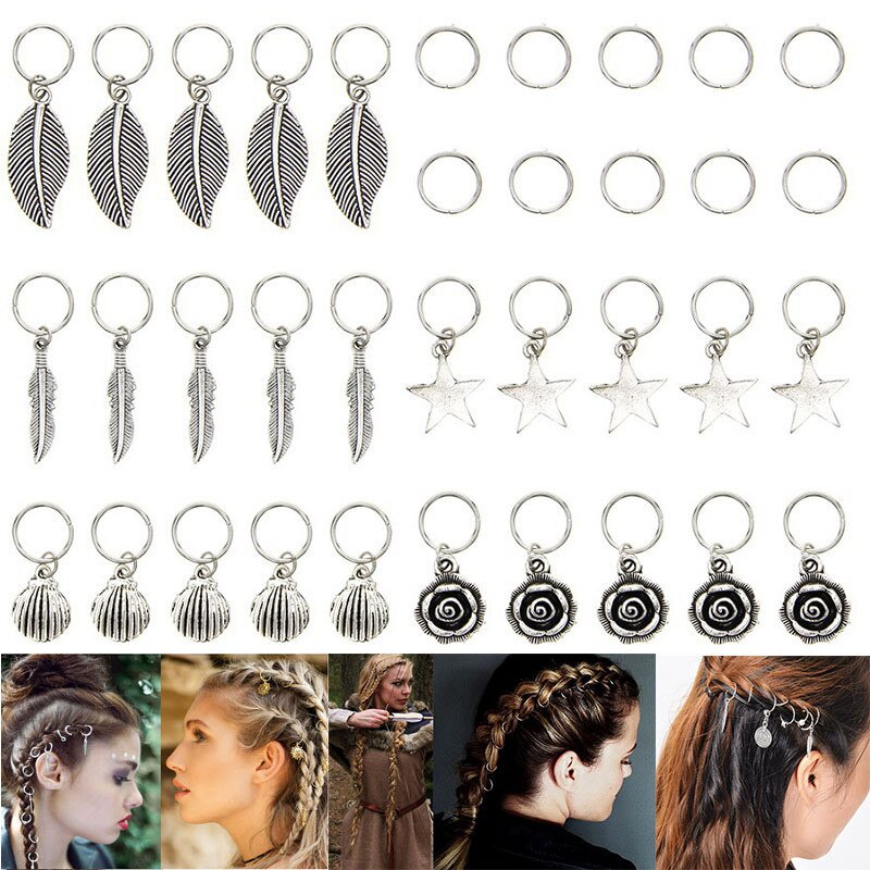 Anillos para el pelo de Metal plateado de 35 piezas, cuentas trenzadas, puños para el pelo, para el pelo amuleto, accesorios para el cabello, extensión