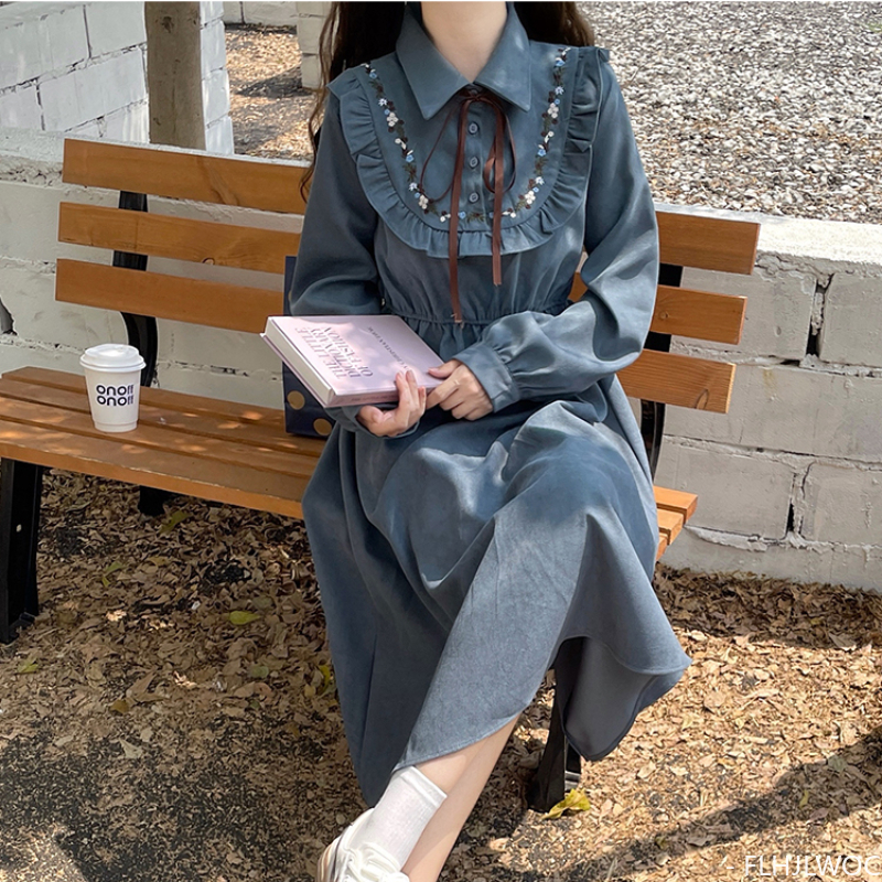Art Mori vestido largo para niñas, ropa básica Retro, Vintage, estilo japonés, cuello de muñeca, cinta dulce, pajarita, vestido de pana, Otoño e Invierno