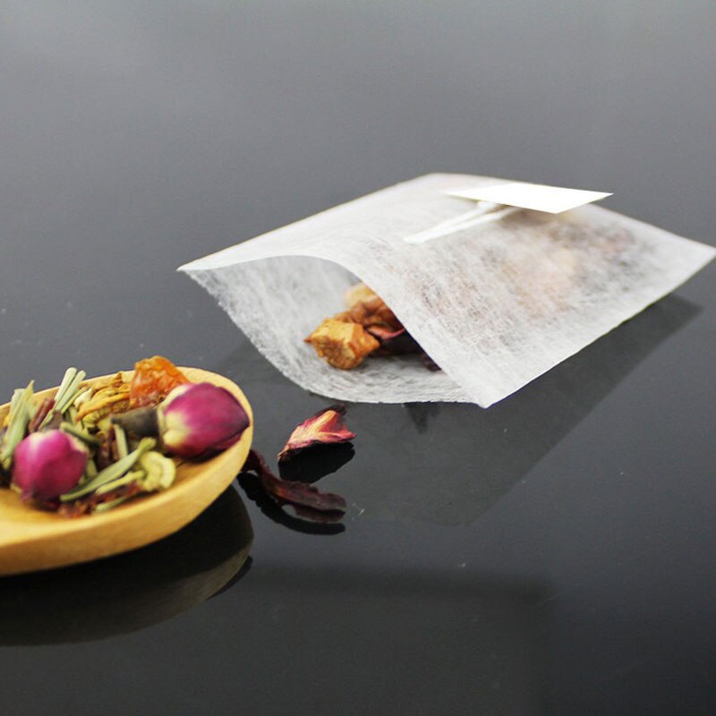 Sachets de thé jetables thermoscellés, 100 pièces/lot, filtre en Fiber de maïs, étiquette blanche