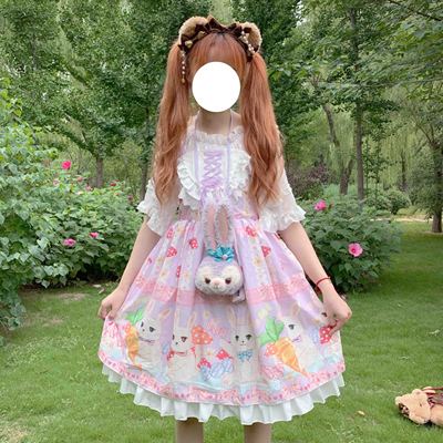 Kawaii japansk original lolita flicka lolita svamp kanin spets söt ärmlös klänning: Ljuslila