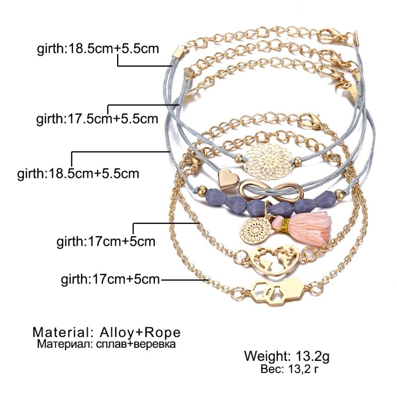 Neue Schmuck 8 Wort Herz Handgemachte Seil Perle Kette Gold Armbinde Neue Persönlichkeit Quaddel Karte Hexagon Geometrie 5 Teile/satz Armbänder