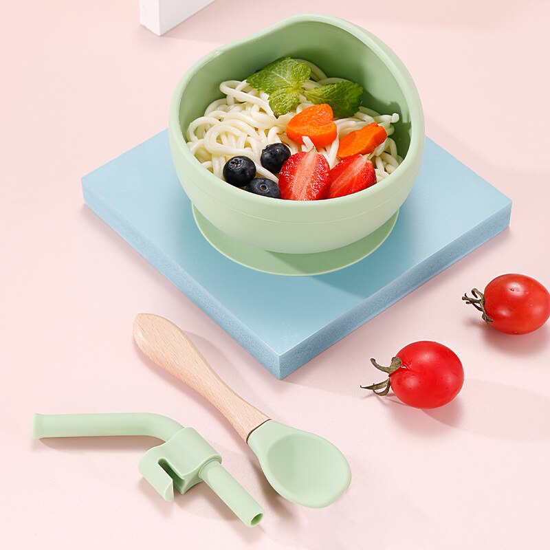 Feeding Wooden Handle Silicone Spoon For Baby Utensils Eat Soild Food Kids Training Manipulative Ability Children's Tableware