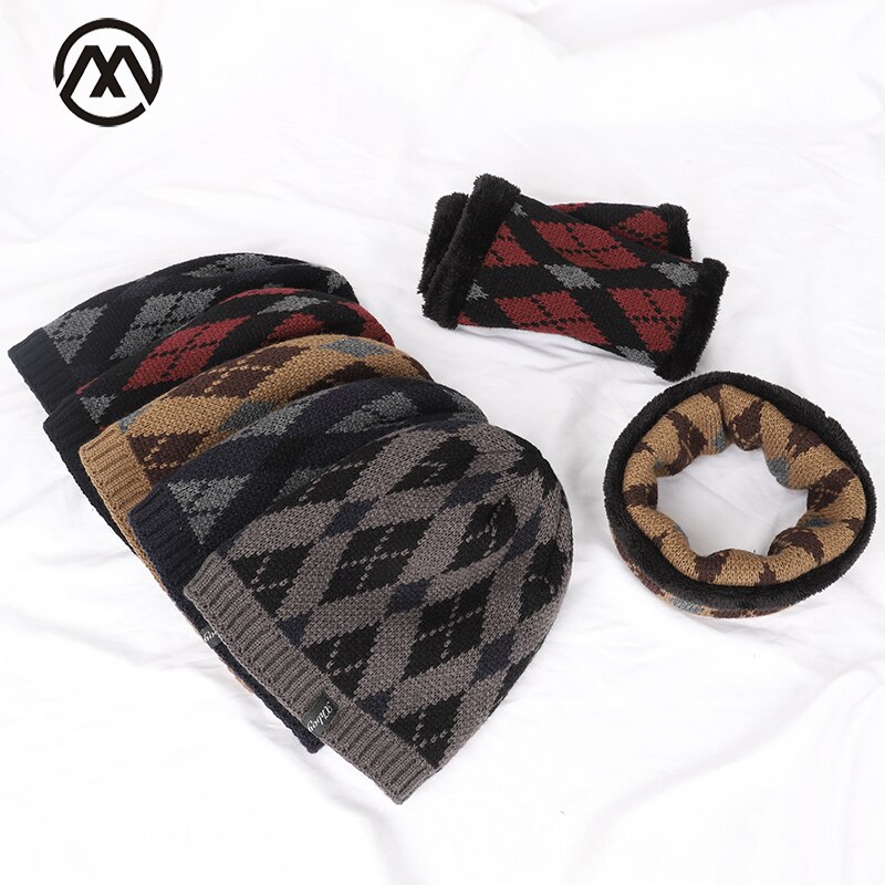 Winter Warm Pak Hoeden Sjaal 2 Stuk Fluwelen Katoenen Mannen Beanie Hat Unisex Ring Bib Skullcap Hedging Caps klassieke Plaid