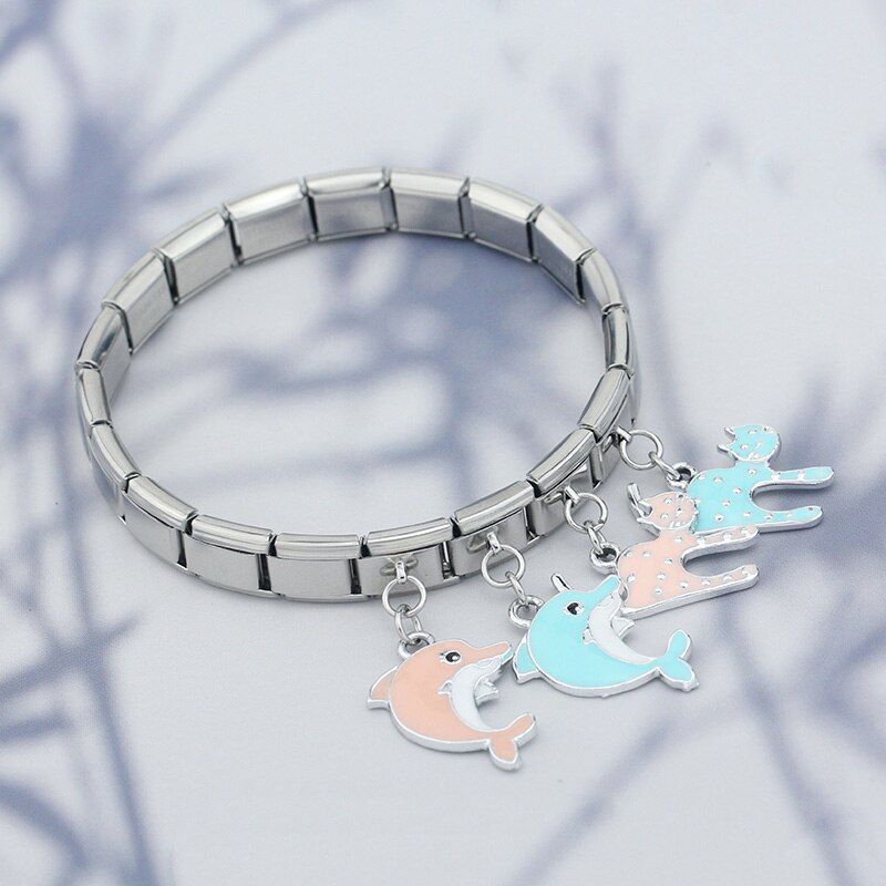 Hapiship-abalorios de delfín esmaltado, pulsera de acero inoxidable de 9mm, joyería artesanal, , DJ419