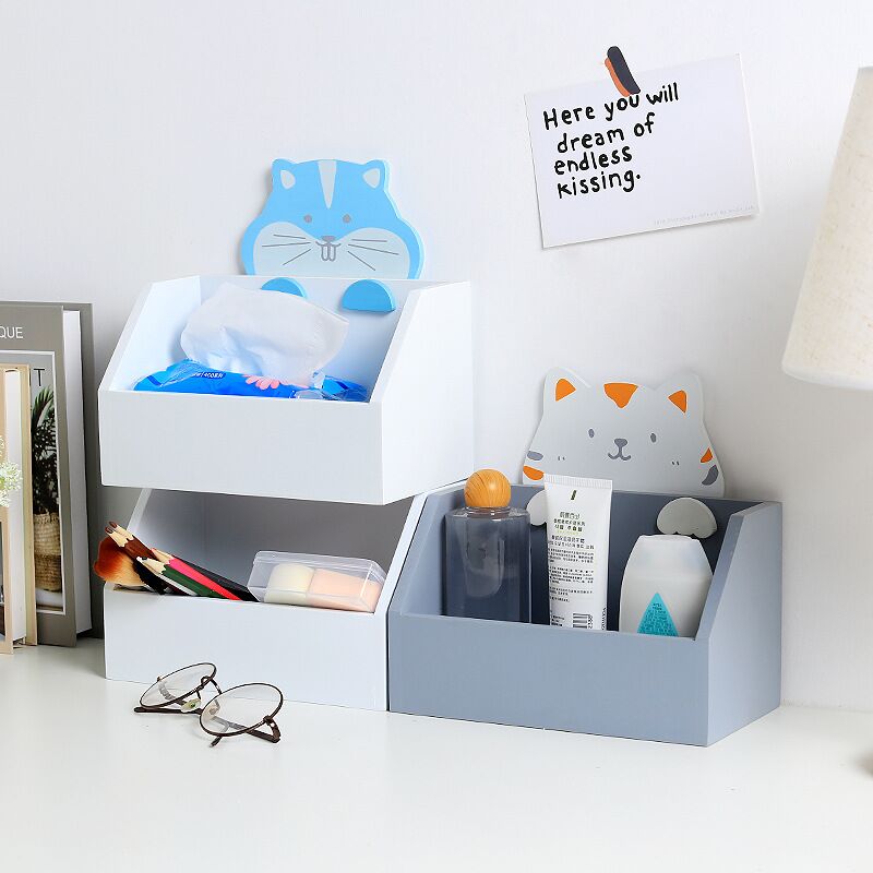 MINKYS Cute Cat Large Capacity Wood Desktop Organizer Pen Holder Desk Storage Box School Office Stationery