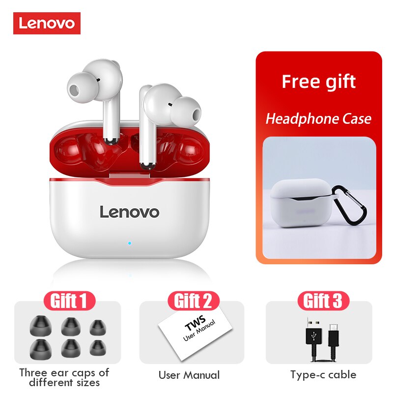 Lenovo LP1 Wireless Headphones Sport Waterproof Bluetooth Headphones 300mAh Charging Box HIFI Stereo Sound Earphones with Mic: Redcase