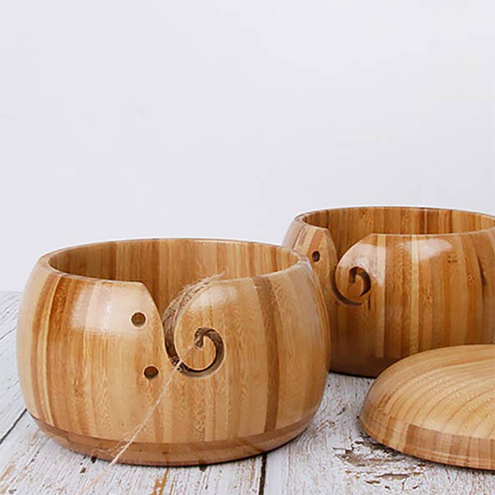 Bol de rangement en fil de bois naturel, organisateur de bol en laine tricotée crochet, bol de rangement en bambou, fournitures de couture tricots faits à la main à la maison