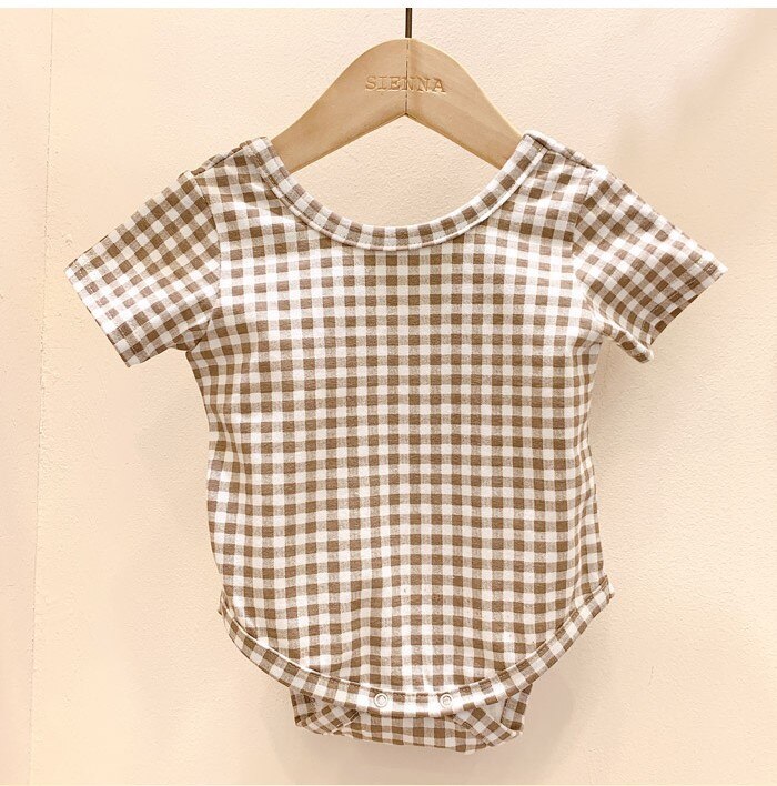 2022 estate nuovi vestiti per neonati in morbido cotone tuta a maniche corte per bambini Cute Boys Girls Plaid tuta Toddler tutina 0-24M: plaid bodysuit / 9M  73cm