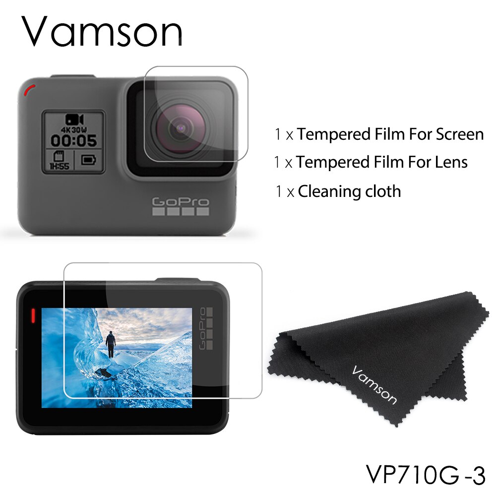 Película protetora vamson para go pro hero 7, película de vidro temperado para gopro capa de cobertura vp710g: VP710G-3