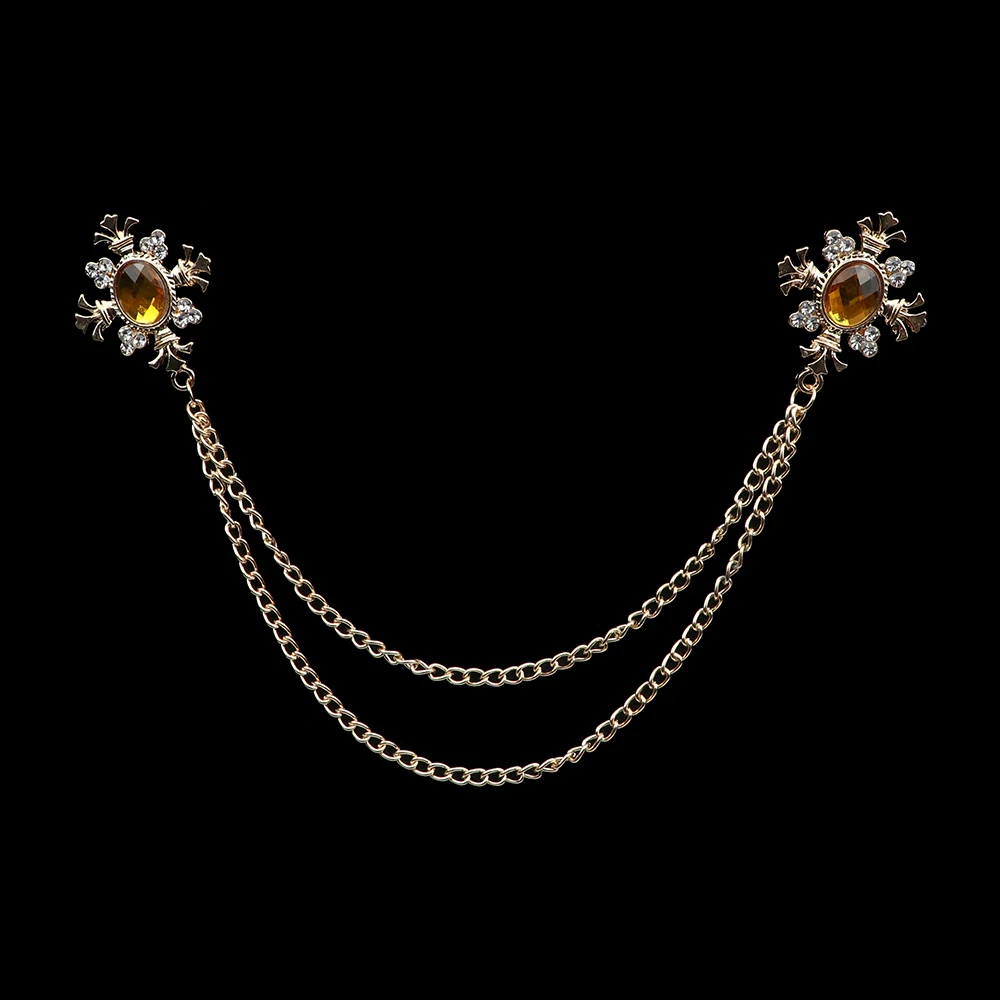 Broche de borla de caballero a la para hombre, traje, camisa, cuello, cadena cruzada de cristal, Pin de solapa, accesorios de boda Retro con diamantes de imitación: Bronce antiguo plateado