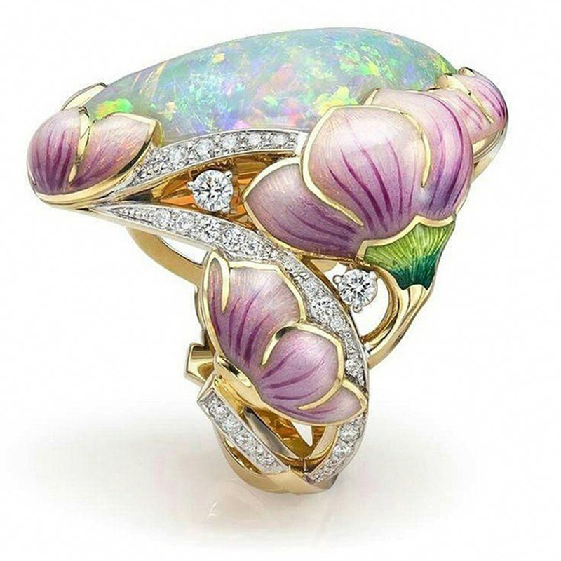 flower Opal rings for women Top Sparkling Zircon Gold color Engagement Wedding Party jewerly Girls ring
