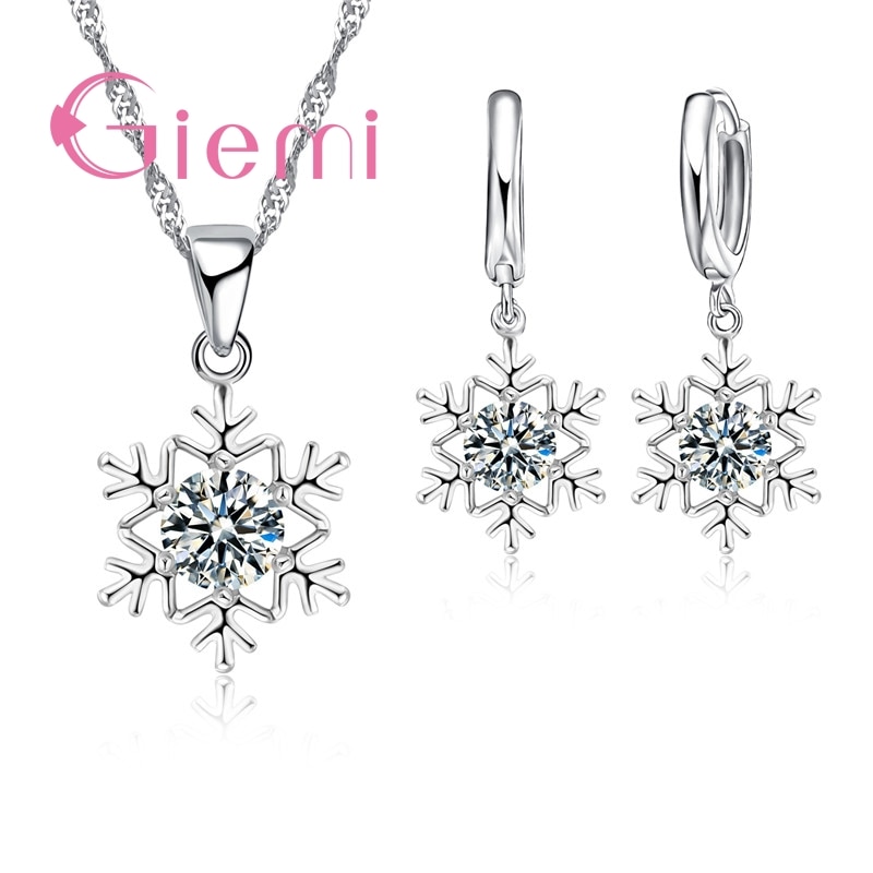 Treacle Unieke Pure Sneeuwvlok Vorm Hanger Ketting Oorbellen Met Clear Cz 925 Sterling Zilver Vrouwelijke Sieraden Set