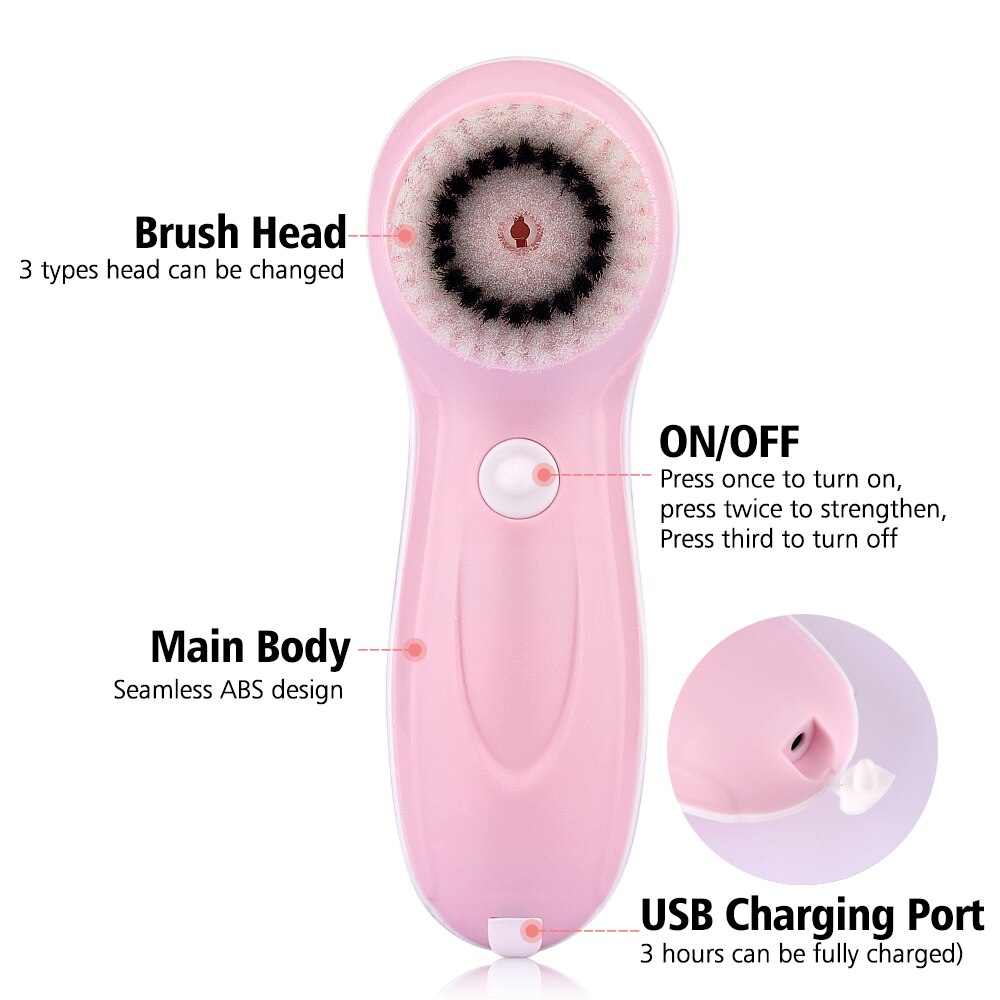 3 in 1 Electric Facial Cleansing Brush Blackhead Removal Face Cleaning device beauty skin care tool 3 replaceable brush heads