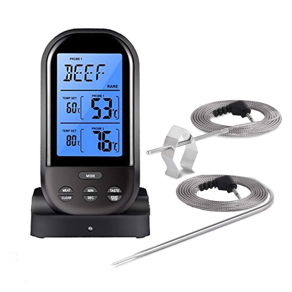 Asypets digitalt kødtermometer med vandtæt dobbelt sonde trådløst fjerntermometer til grill, ovn, ryger, grill -25: Sort