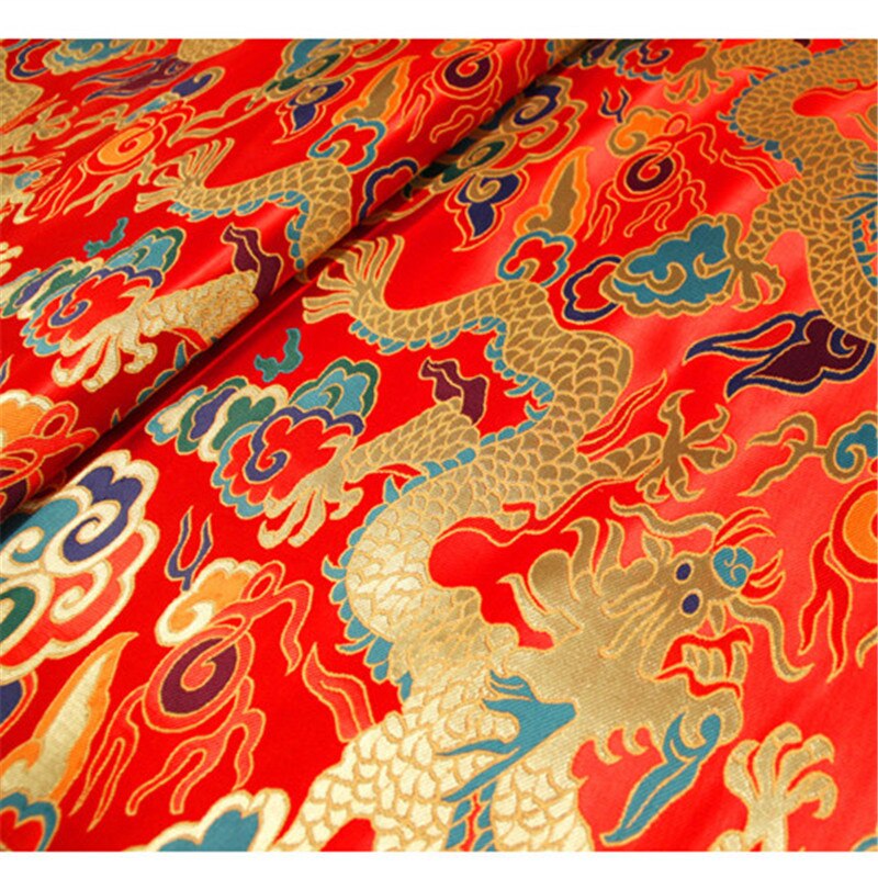 CF1136 Rood/Gouden/Blauw Draak Jacquard Zijde Brokaat Stof Chinese Cheongsam Kleding Jurk Jas Stof Diy Naaien Zijde stoffen