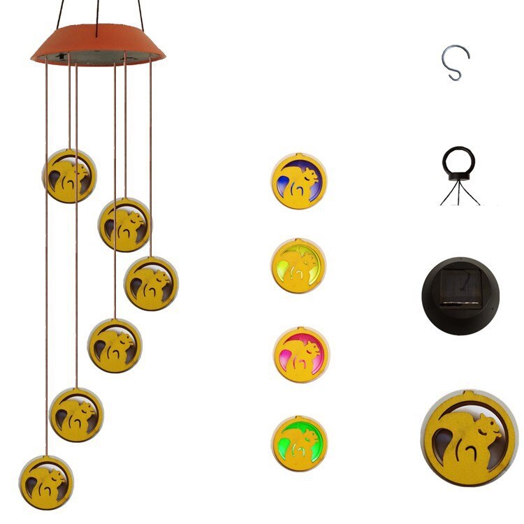 14 Style Solar Wood Squirrel Unicorn Star Wind Chime Color Changing Solar LED String Lights Outdoor Mobile Hanging Patio Light: Wood Squirrel