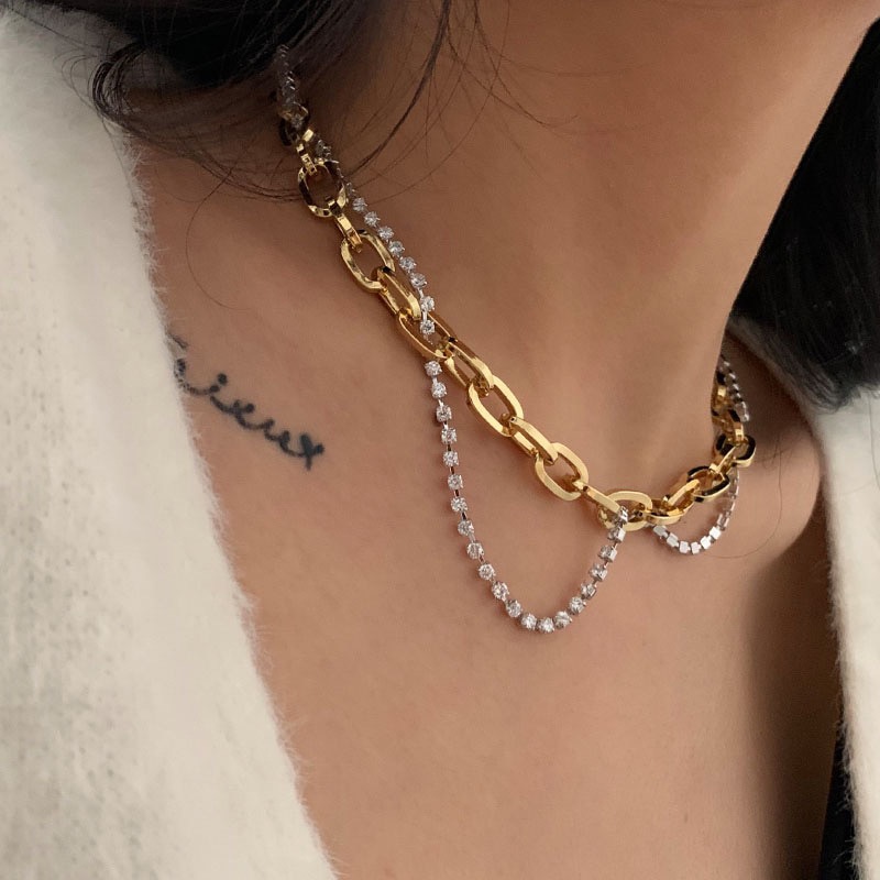 Peri'sbox guld sølvfarvet blandet chunky kæde halskæder rhinestone tennis kæde halskæder til kvinder erklæring lag halskæde