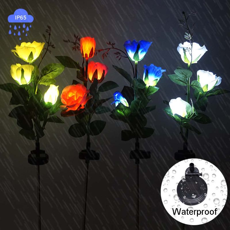 Solar Powered LED Light Simulation Rose Flower with Buds Waterproof Outdoor Lighting Lamp for Yard Garden Decoration