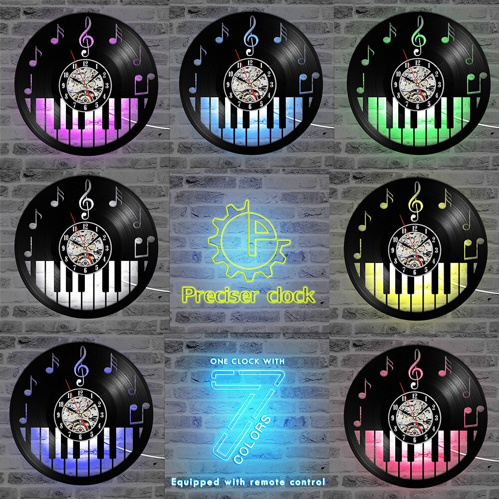 Holle Piano Keybord Vinyl Record Klok Creatieve en Antieke Stijl Zwarte Ronde LED Wandklok Muziek Piano Decor Art Klok