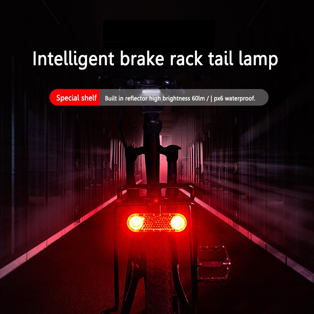 Bicycle Luggage Carrier LED Light 60Lm 1200mah Smart Braking Rear Lamp Rack Brake Safety Warning Lantern Seat Reflective Lights
