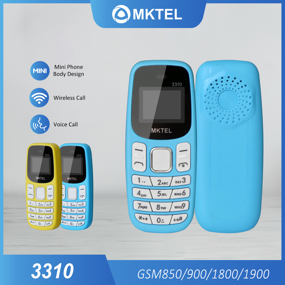 Mktel 3310 mini funktionstelefon med ørekrog, dobbelt sim-kort, dobbelt standby,  mp3/mp4/ fm-radio/bluetooth/gprs