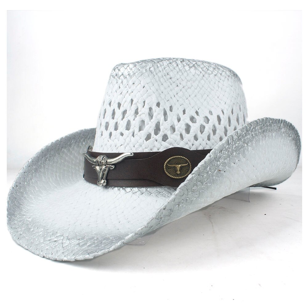 Männer Frauen Stroh Western Cowboy Hut Sommer Breiter Krempe Hut Im Freien Sombrero Hombre Cowgirl Hut: Silver