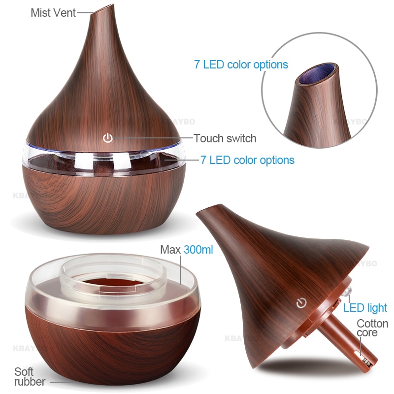KBAYBO 300ml USB Aroma difusor de aire de grano de madera humidificador de aire ultrasónico máquina de niebla con 7 colores luces para el hogar