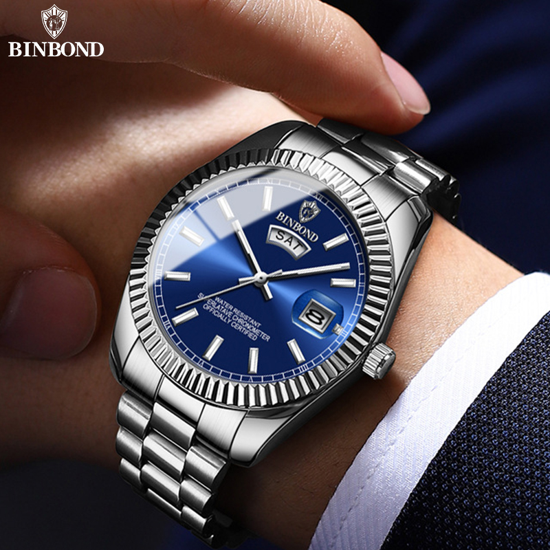 BINBOND Men's Brand Business Sports Quartz Watch 30M Waterproof Luminous Classic Calendar Clock Mens Wristwatch