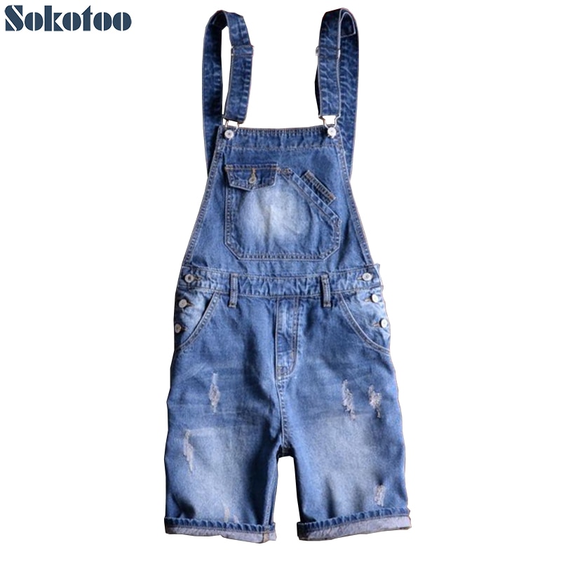 Sokotoo herre sommerblå denim hagesmæk overalls shorts drenge plus size knælange slim jeans