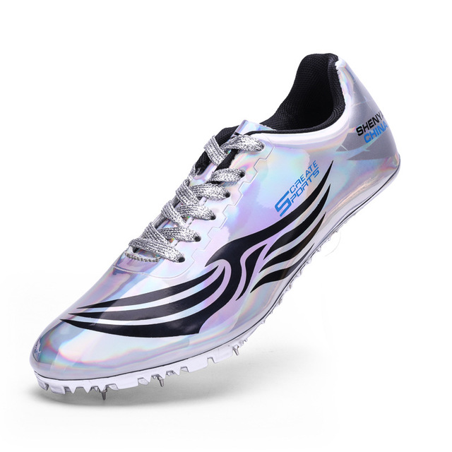 Women Men Track and Field Shoes Lightweight Spike Nail Running Sprint Shoes Non-slip Athletic Training Shoes D0868: Silver / 5