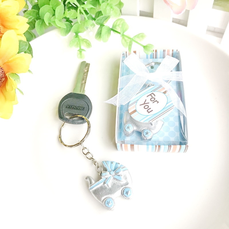 10 stk/parti pink/blå barnevogn nøgleringe fødselsdåb nøglering favor baby shower favoriserer souvenir