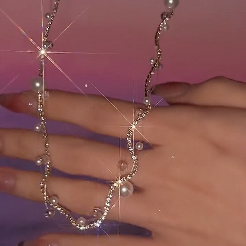 Mengjiqiao 2022 Koreaanse Elegante Parel Kralen Choker Voor Vrouwen Mode Vis Lijn Strass Hanger Ketting Bruiloft Sieraden