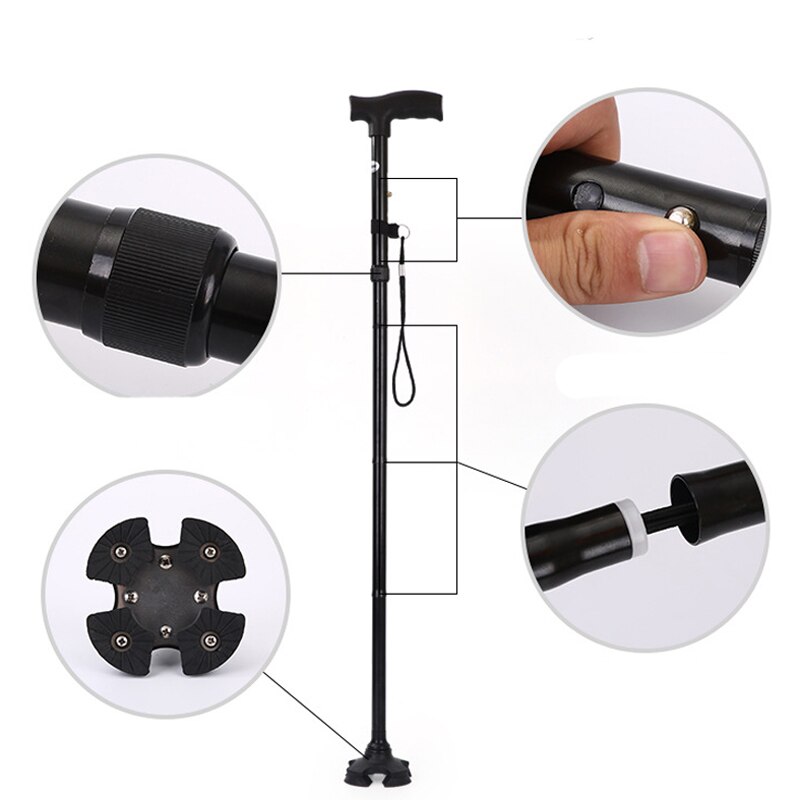 Outdoor T-handle 4 Folding Crutch 360 Degree Hiking Trekking Pole Cane Stable plate Walking Stick for old people: 1 ABS handle