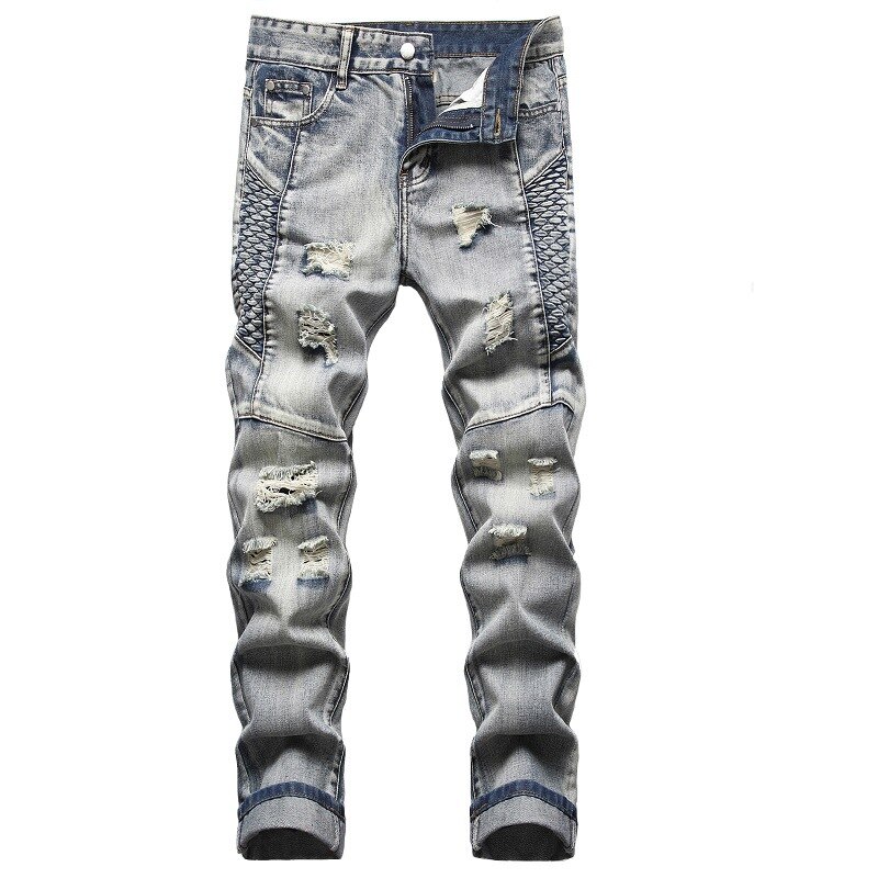 Men Vintage Biker Jeans Streetwear Holes Ripped Distressed Denim Pants Slim Straight Trousers