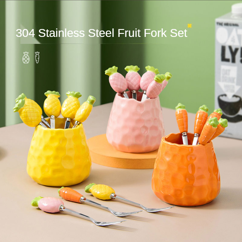 Fourchettes à fruits créatives en acier inoxydable, 7 pièces, service de couverts, fourchettes avec support en céramique pour pique-nique à la maison