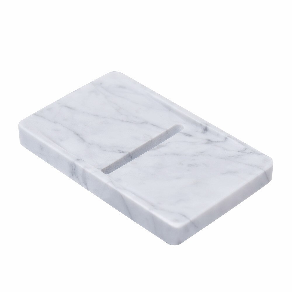Porte-savon en marbre naturel brillant lisse/porte-éponge de maquillage avec trou de vidange: White Grey
