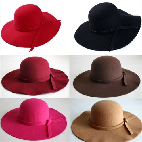 Jahrgang Dame Frauen Breite Krempe wollfilz Hütte Diskette Filz Bowler Cloche Deckel